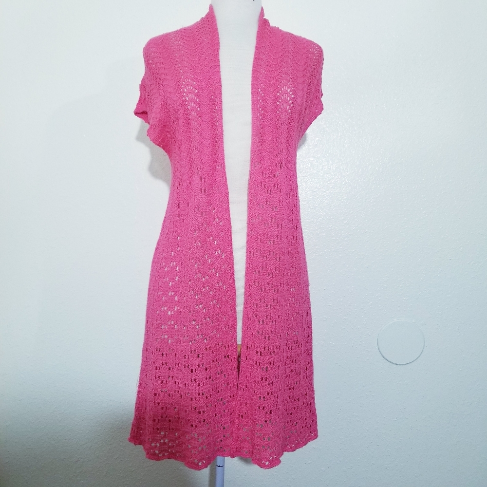 Open knit cardigan, perfect for layering, watermelon pink color - Picture 7 of 14